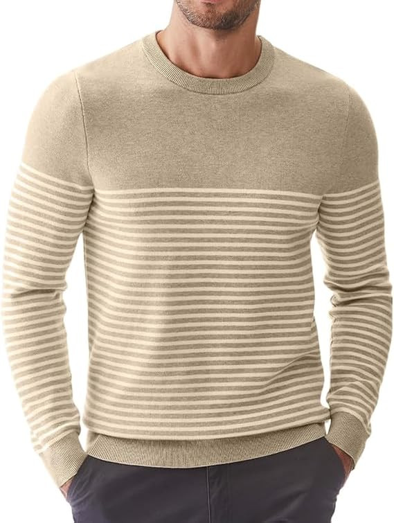 Mens Sweater Casual Slim Fit Crew Neck Striped Knitted Pollover Long Sleeve Sweaters Tops | Amazon (US)