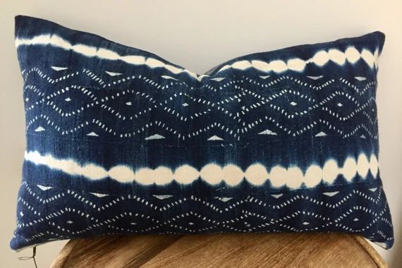 Authentic vintage African indigo fabric pillow cushion cover 60cmx35cm (24"x14") blue with white ... | Etsy (US)