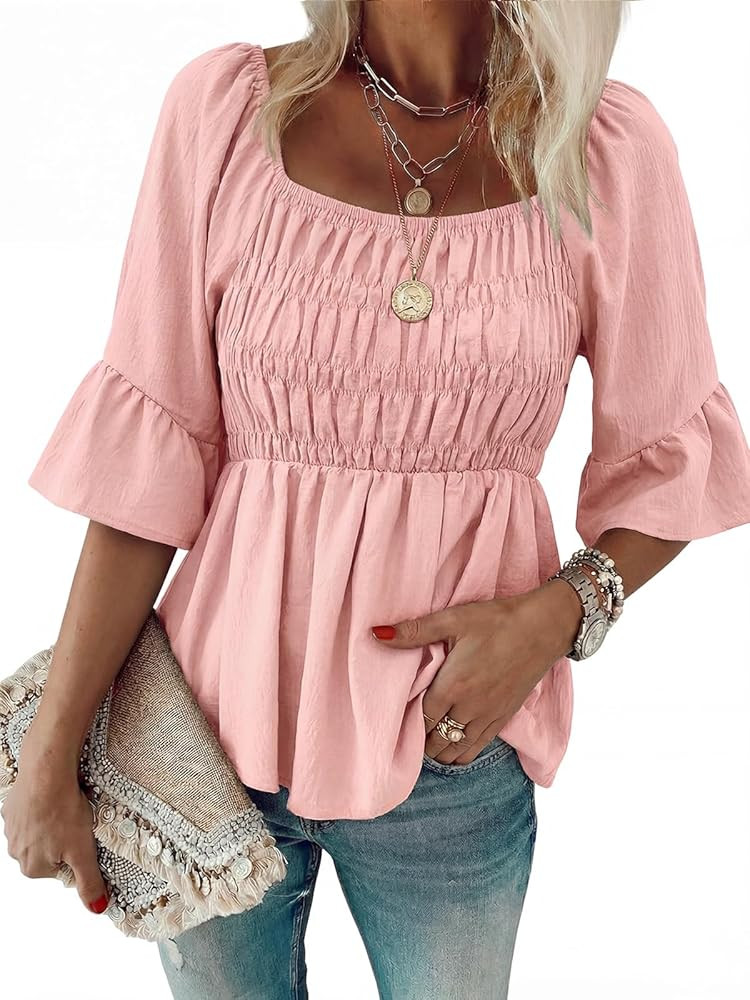 HEYTALALA Womens 3/4 Sleeve Tops Dressy Casual Square Neck Summer Peplum Blouses Ruffle Sleeve Ba... | Amazon (US)