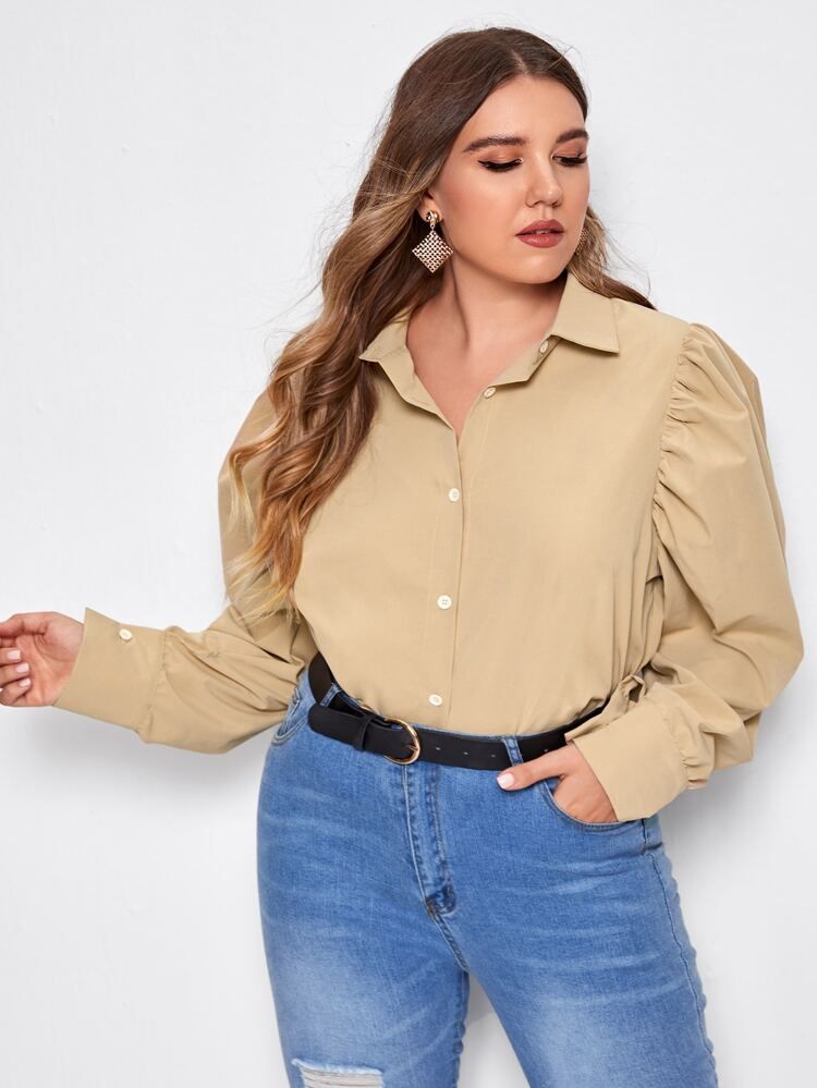 Plus Leg-of-mutton Sleeve Button Up Blouse | SHEIN