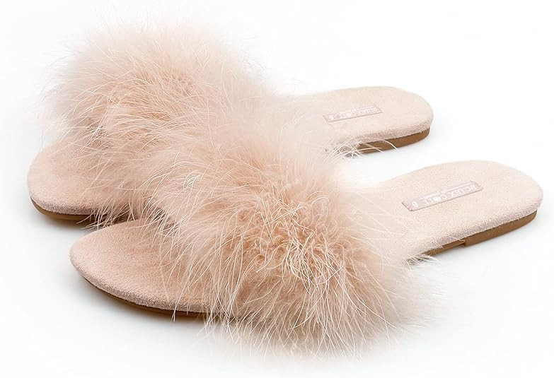 BCTEX COLL Women's Fuzzy Open Toe Slippers Memory Foam Feather Slides Fluffy Furry Indoor House S... | Amazon (US)
