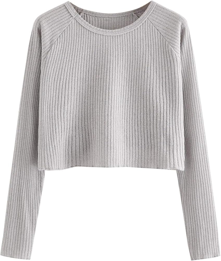 SweatyRocks Women's Casual Solid Ribbed Knit Raglan Long Sleeve Crop Top T Shirt | Amazon (US)