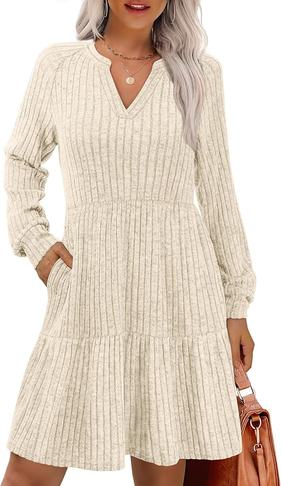 IWD Womens V Neck Long Sleeve Dress with Pockets Casual A-Line Knee Length Fall Knit Sweater Dres... | Amazon (US)