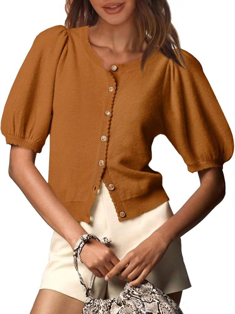Saodimallsu Womens Puff Short Sleeve Cardigan Lightweight Summer Button Down Shirts Knit Crew Nec... | Amazon (US)