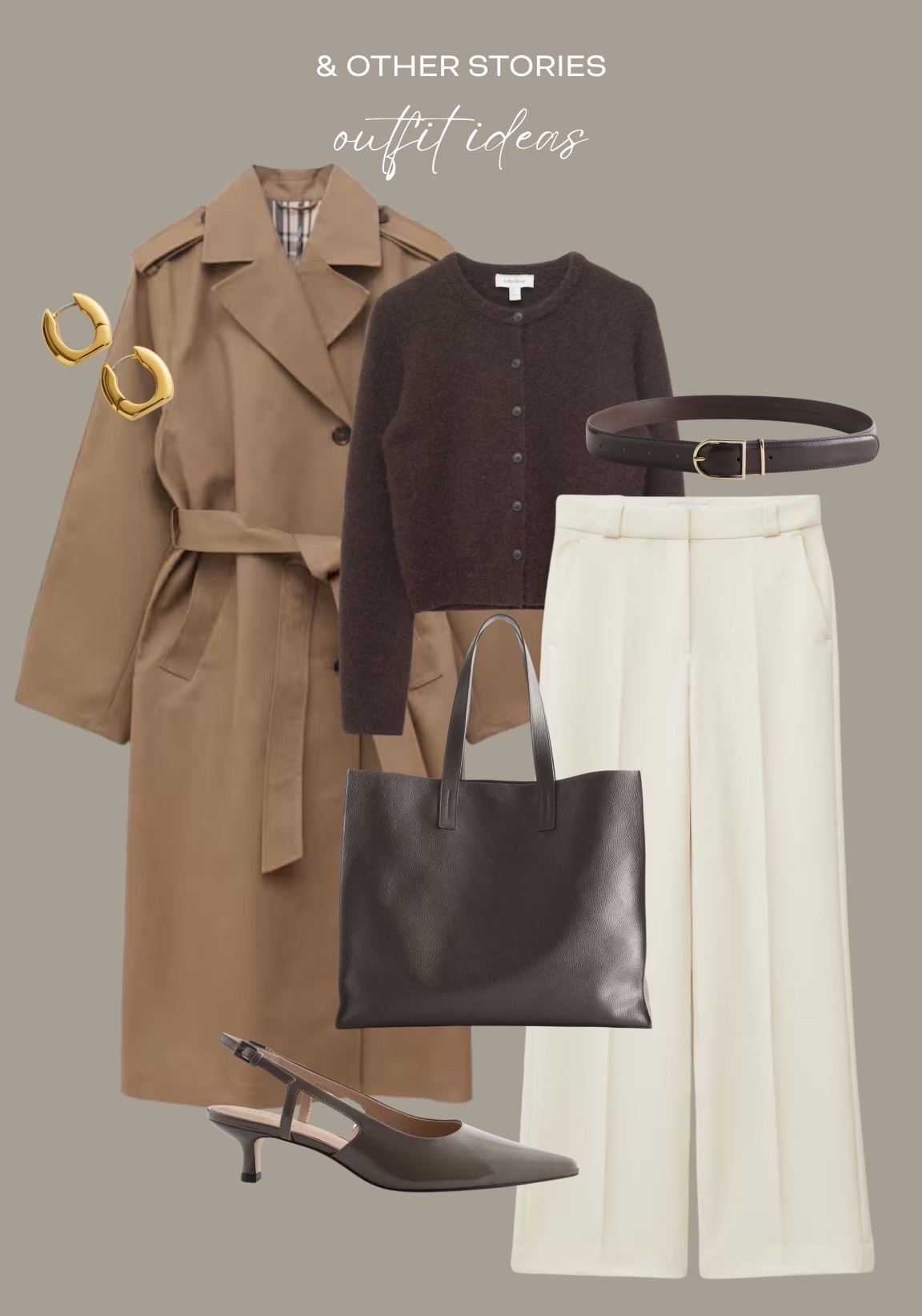& other stories new in outfit ideas 💡 

Workwear / office outfit / trench coat / brown cardigan / tailored trousers / sling back heels / neutral looks / transitional style 

#LTKwinter #LTKuk