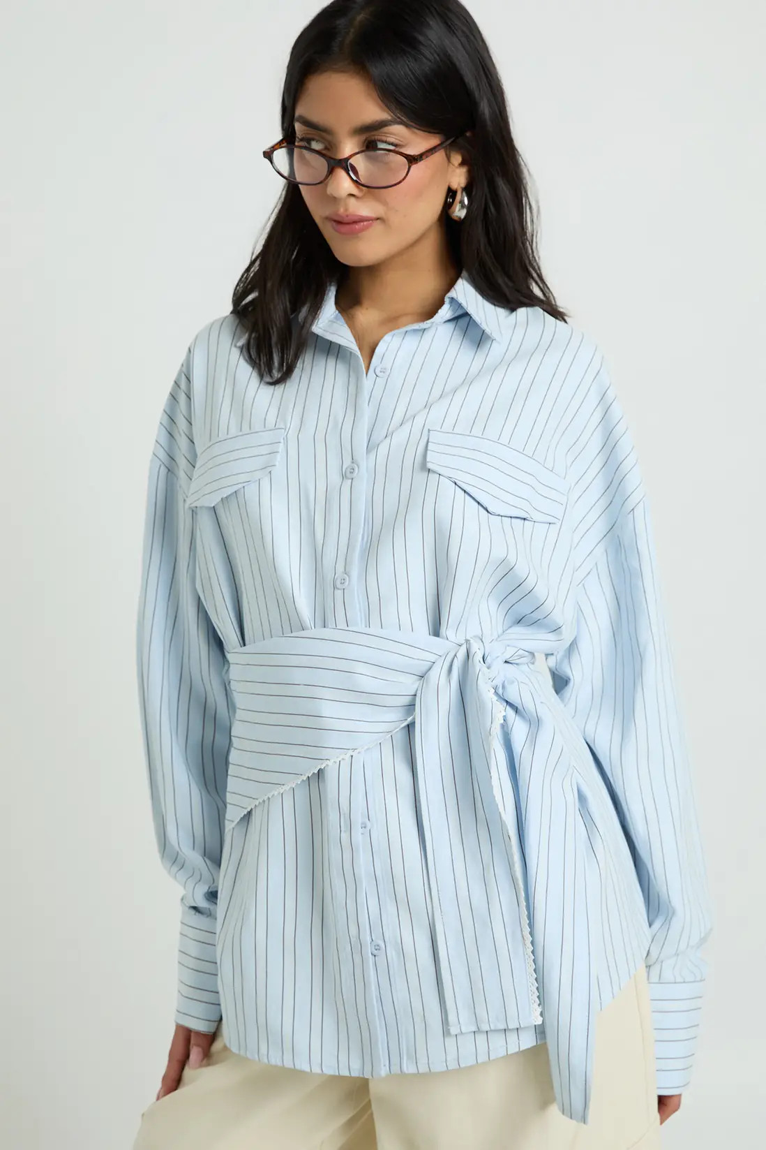 Blue Oversized Woven Stripe Shirt With Waist Tie | Boohoo USA | boohoo (US & Canada)
