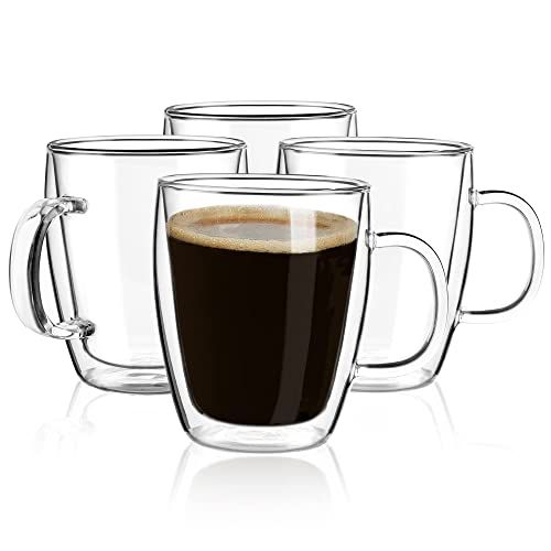YUNCANG Double Wall Glass Coffee mugs, (4-Pcak) 16 Ounces-Clear Glass Coffee Cups with Handle,Ins... | Amazon (US)