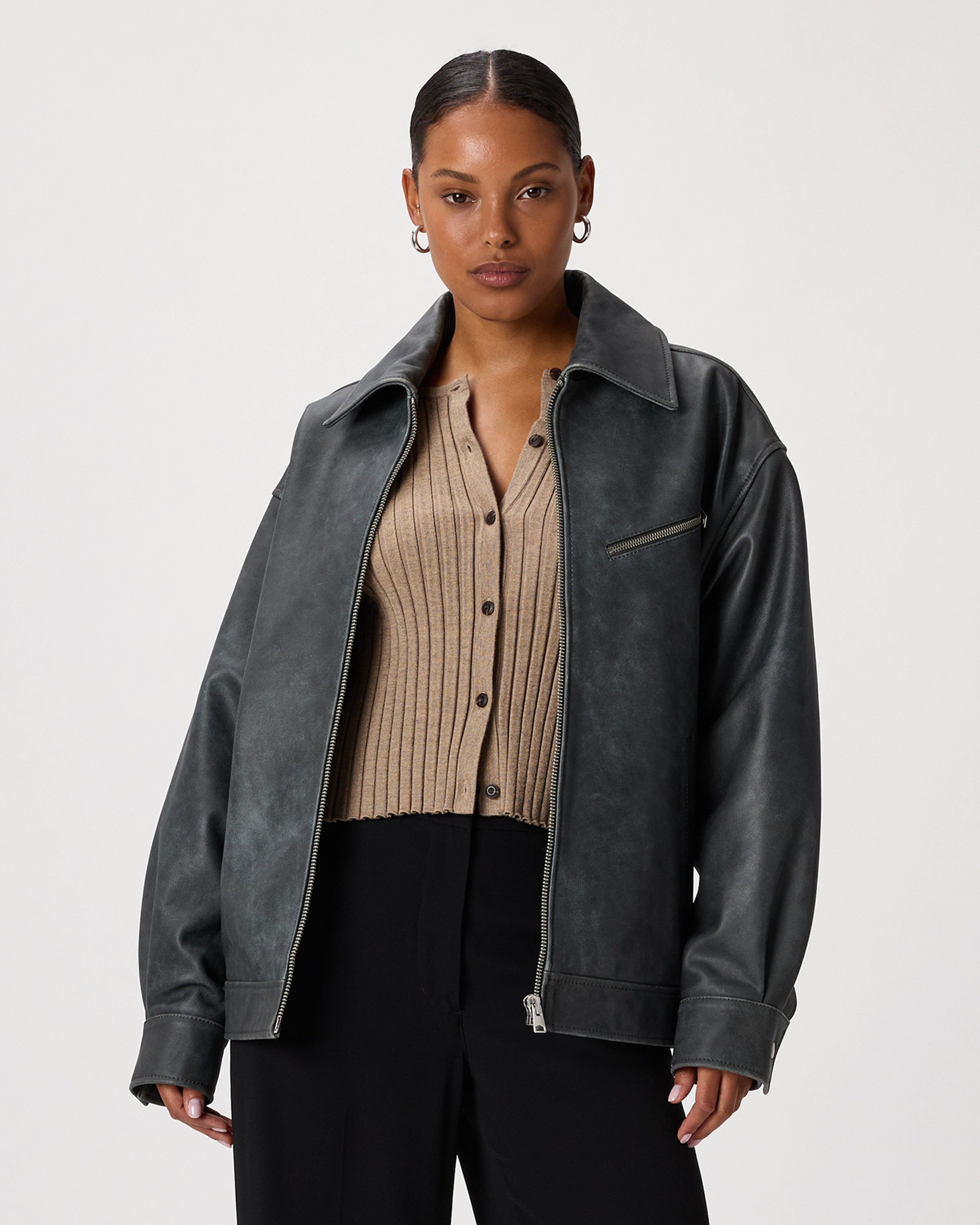 Quince | Women's OverSized Bomber Jacket in Distressed Black, Size Large, Leather | Quince