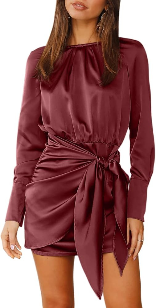 ANRABESS Women Casual Long Sleeve Crewneck Ruched Wrap Short Party Dress Tie Waist Satin Cocktail Dr | Amazon (US)