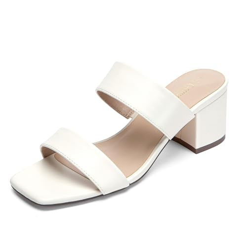Glamnest White Wide Width Heels Sandals for Women Two Strap Square Open Toe 2 Inch Low Chunky Block Heel Slip On Comfortable White Sandals For Women Wide Feet Size 8.5 | Amazon (US)
