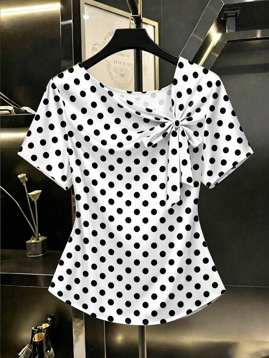 GlowEve CURVE Plus Size Women's Black And White Polka Dot Asymmetric Neckline Tie Bow Short-Sleev... | SHEIN
