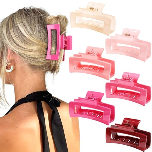 Auseibeely 6 Pack Pink Medium Hair Clips for Women & Girls, 3.35 Inch Square Claw Clips for Thin/Medium Hair, Non-Slip Rectangle Hair Clip for Christmas Gift, Banana Jaw Clips Accessories, Hot Pink | Amazon (US)