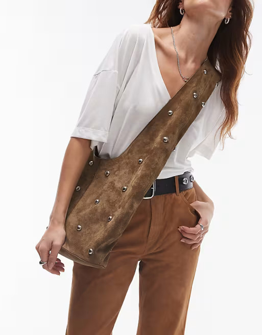 Mango suede studded slouchy shoulder bag in brown | ASOS (Global)