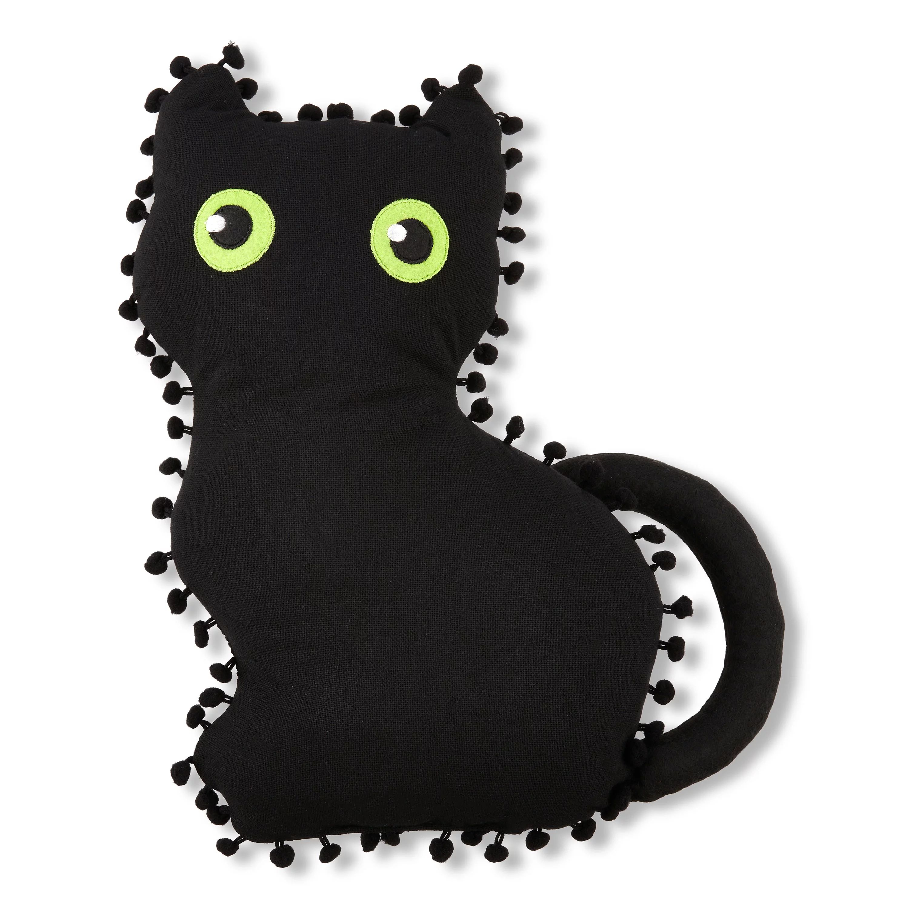 Harvest 15 inch Black Cat-Shaped Pompom Decorative Pillow, Way to Celebrate! | Walmart (US)