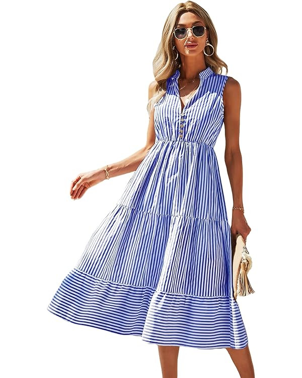 Floerns Women's Striped Print Notched Neck Sleeveless Ruffle A Line Midi Dress | Amazon (US)