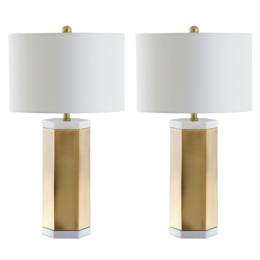 SAFAVIEH Alya 28 in. White/Brass Gold Table Lamp with White Shade (Set of 2) | The Home Depot