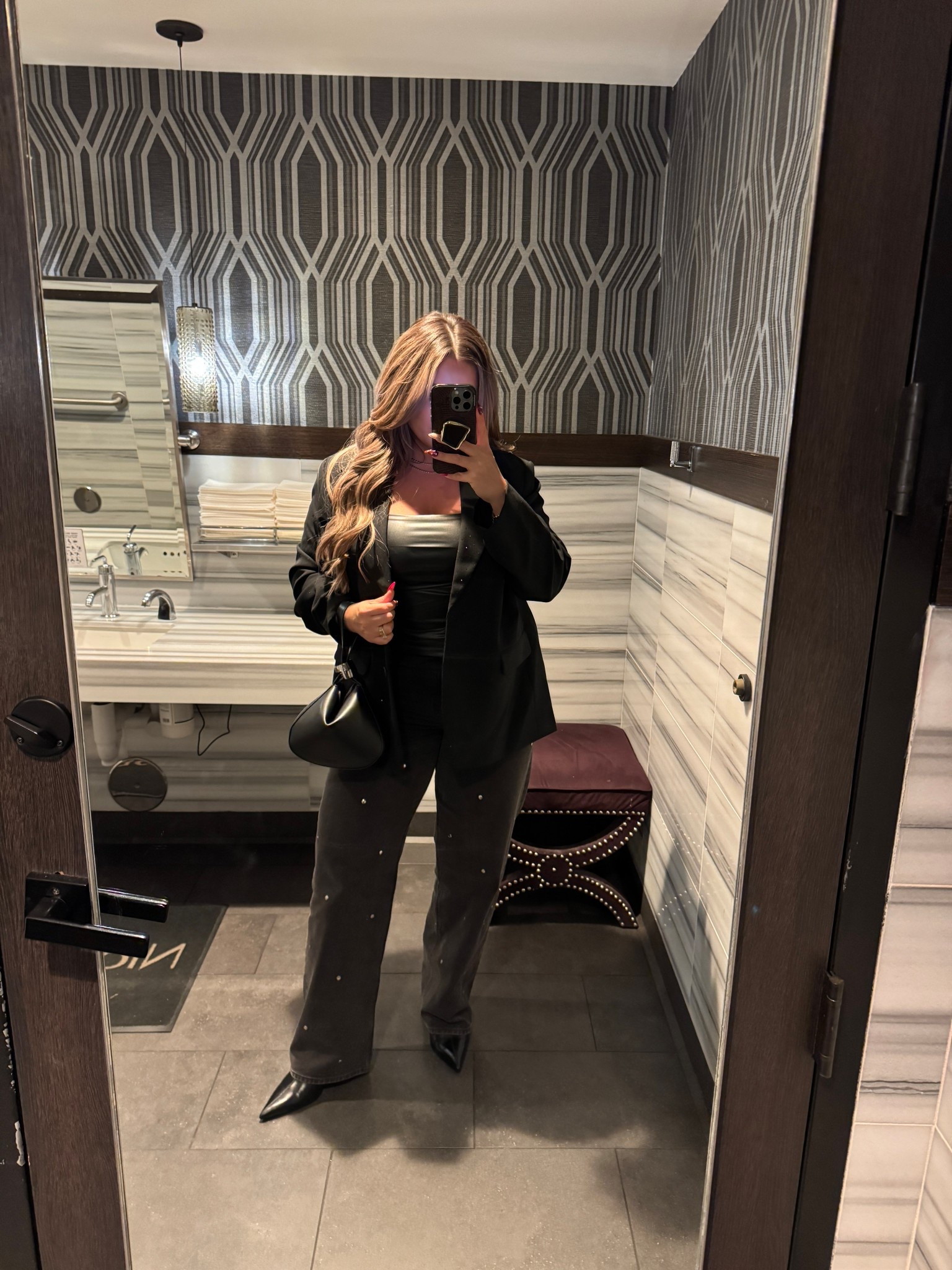 Dinner outfit tonight for my Hubbys bday. 

Jeans 12 
Top L 
Blazer xl 
Boots size up 
Bag sold out no link 