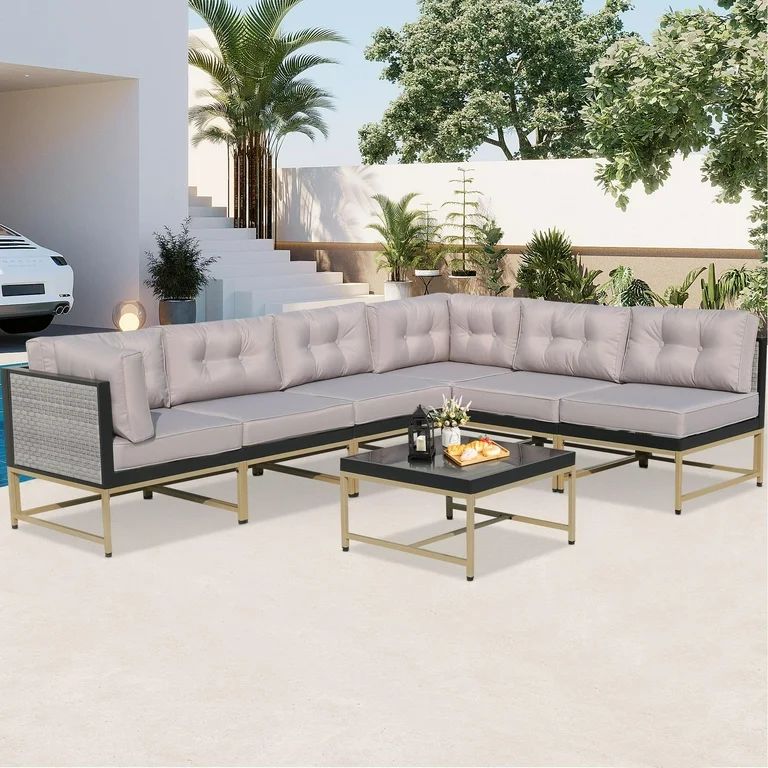 Patio Outdoor Furniture Sets, 7 Pieces All-Weather Rattan Sectional Sofa with Tea Table and Cushi... | Walmart (US)