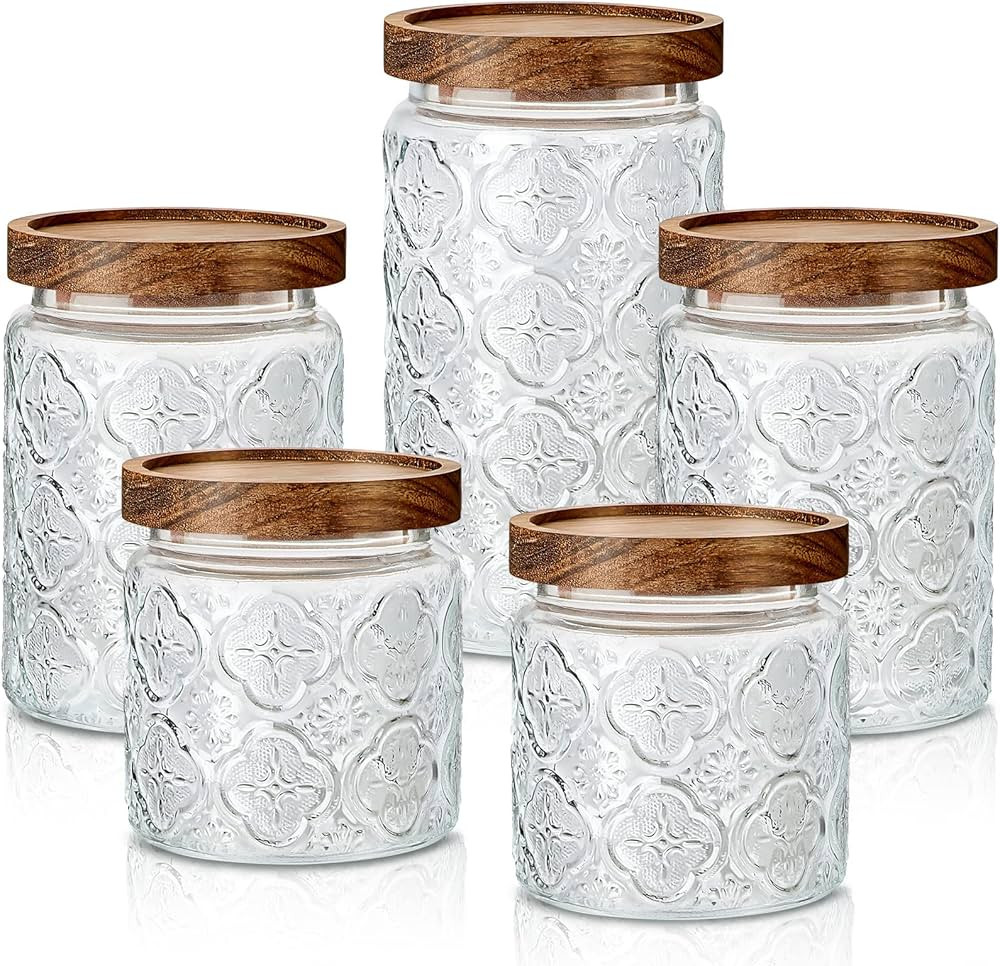 Gerrii 5 Pcs Vintage Glass Food Storage Containers 17/24/34 oz Glass Jar with Lid Begonia Pattern... | Amazon (US)