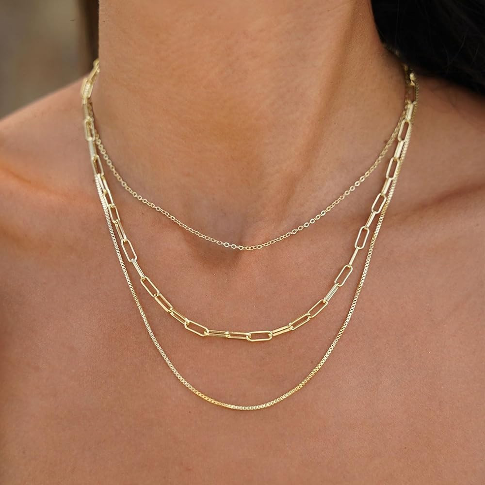 HANLI Layered Necklaces for Women 14K Gold Plated Dainty Layer Paper Clip Herringbone Necklaces Simp | Amazon (US)
