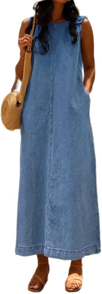 Akivide Womens Casual Sleeveless Denim Dress Summer Tank Dress Long Jean Dress with Pockets | Amazon (US)