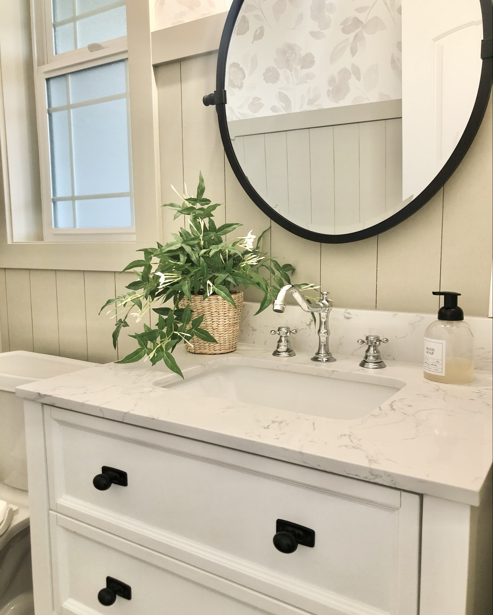 Half bath sources!

Shiplap color: Jogging path
Wallpaper: Love vs design Japanese Kerria, colors are ash and ceramic in the woven texture

Bathroom vanities, bathroom mirror, faucets, bathroom ideas, home decor, interior design 

#LTKHome