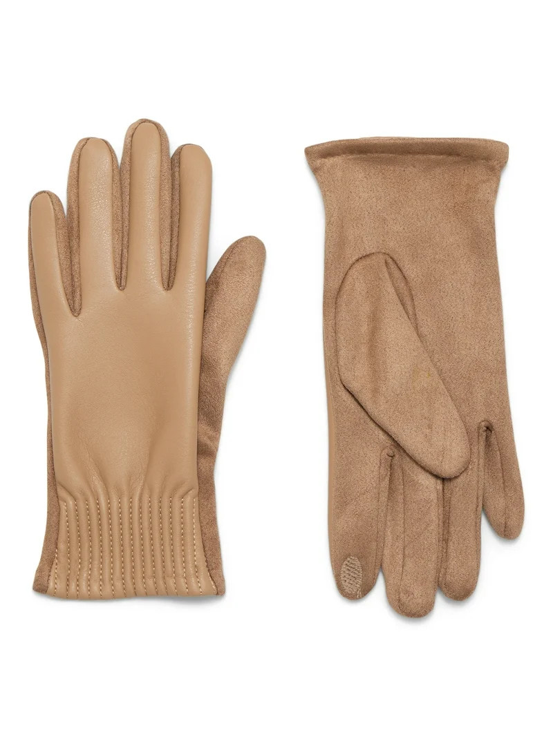 Time and Tru Women's Pleated Cuff Faux Leather Gloves, Tan, Size S/M | Walmart (US)