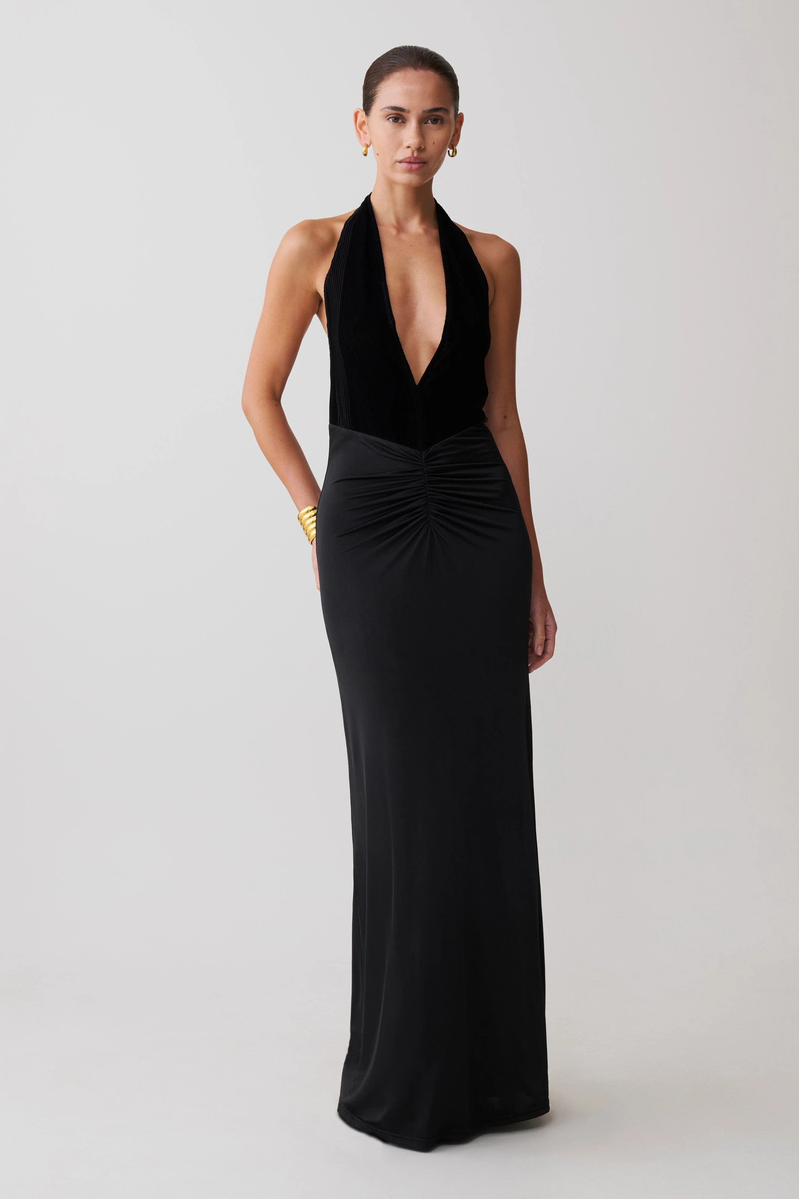 Lien Mesh Velvet Plunge Midi Dress - Black | Meshki UK