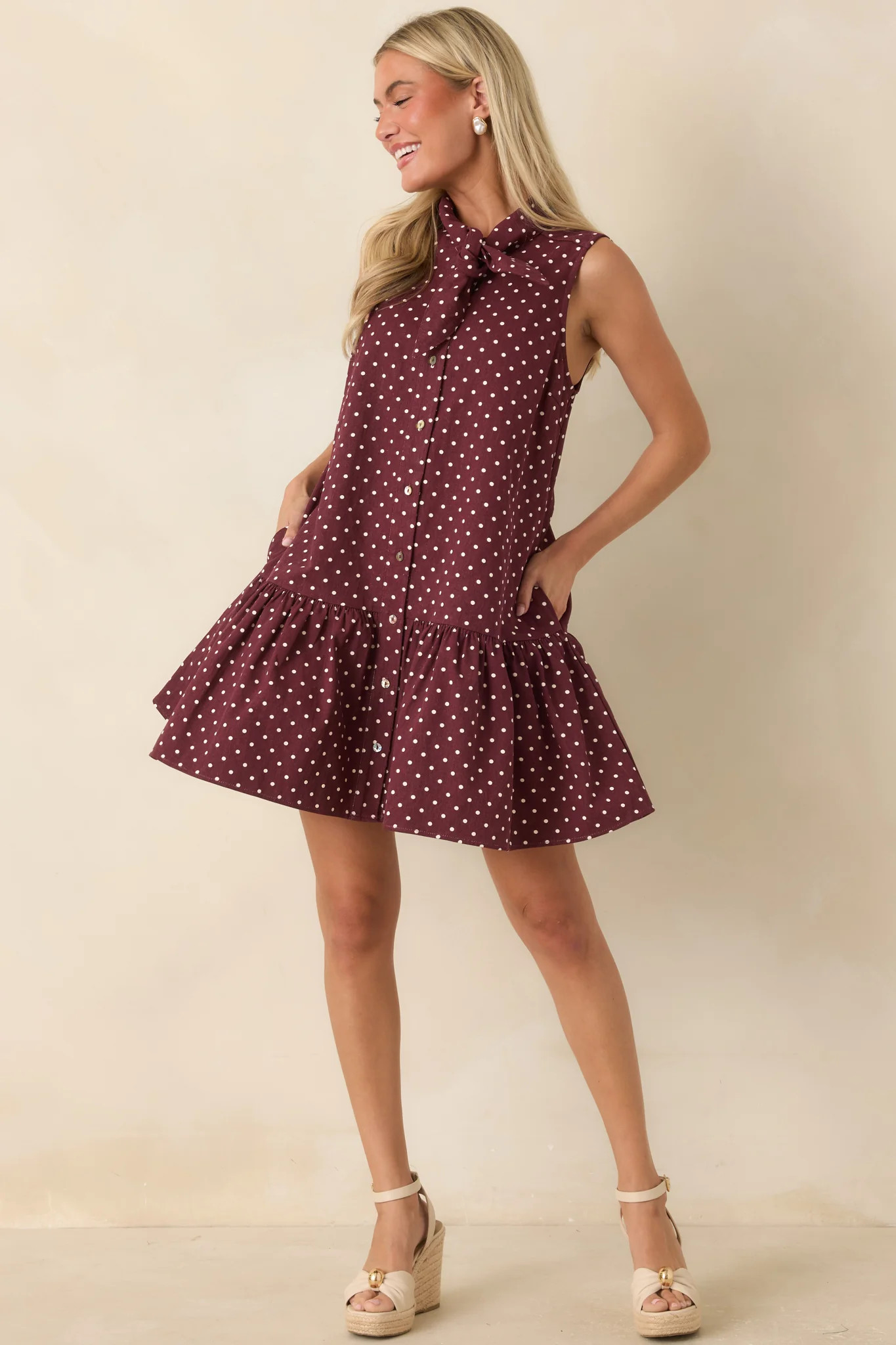 Hard to Overlook Burgundy Polka Dot Cotton Tie-Neck Mini Dress | Red Dress