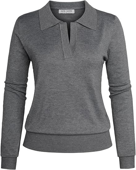 Kate Kasin Women Long Sleeve Polo Sweater V Neck Knitted Tops Casual Ribbed Shirt Loose Pullover ... | Amazon (US)