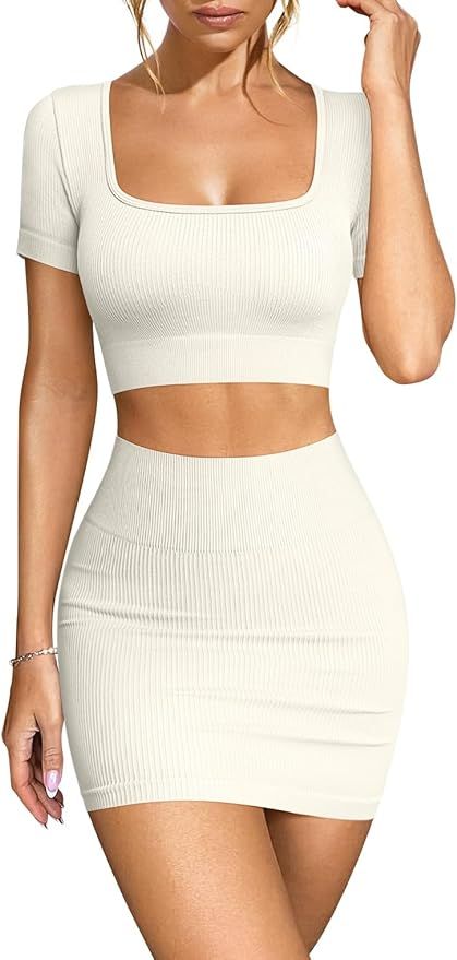 OQQ Women's 2 Piece Outfits Short Sleeve Tops and Mini Skirts Club Suit Sets | Amazon (US)