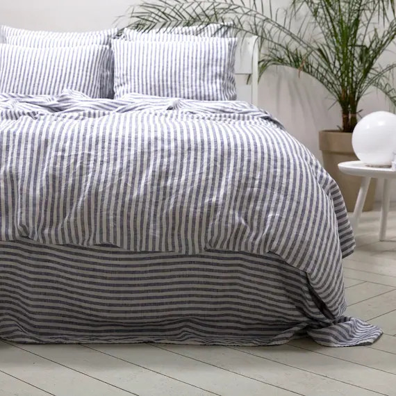 Ticking Stripe Linen Duvet Cover Indigo. Queen Double King | Etsy Canada | Etsy (CAD)
