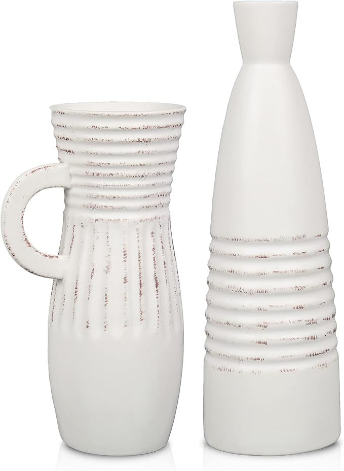 TERESA'S COLLECTIONS Rustic Ceramic Vase for Home Decor, Set of 2 Decorative Distressed White Vas... | Amazon (US)