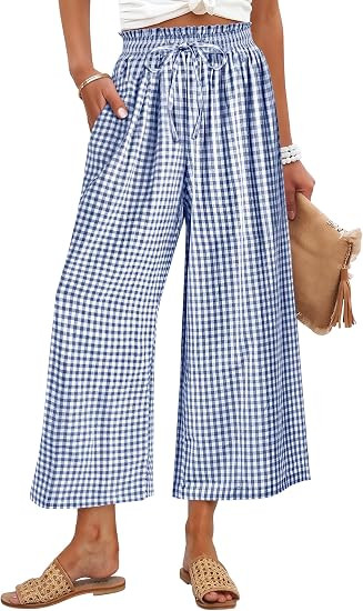 ANRABESS Womens Striped Gingham Palazzo Capri Pants Pajama Wide Leg Lounge Trousers Plaid Cute Cr... | Amazon (US)