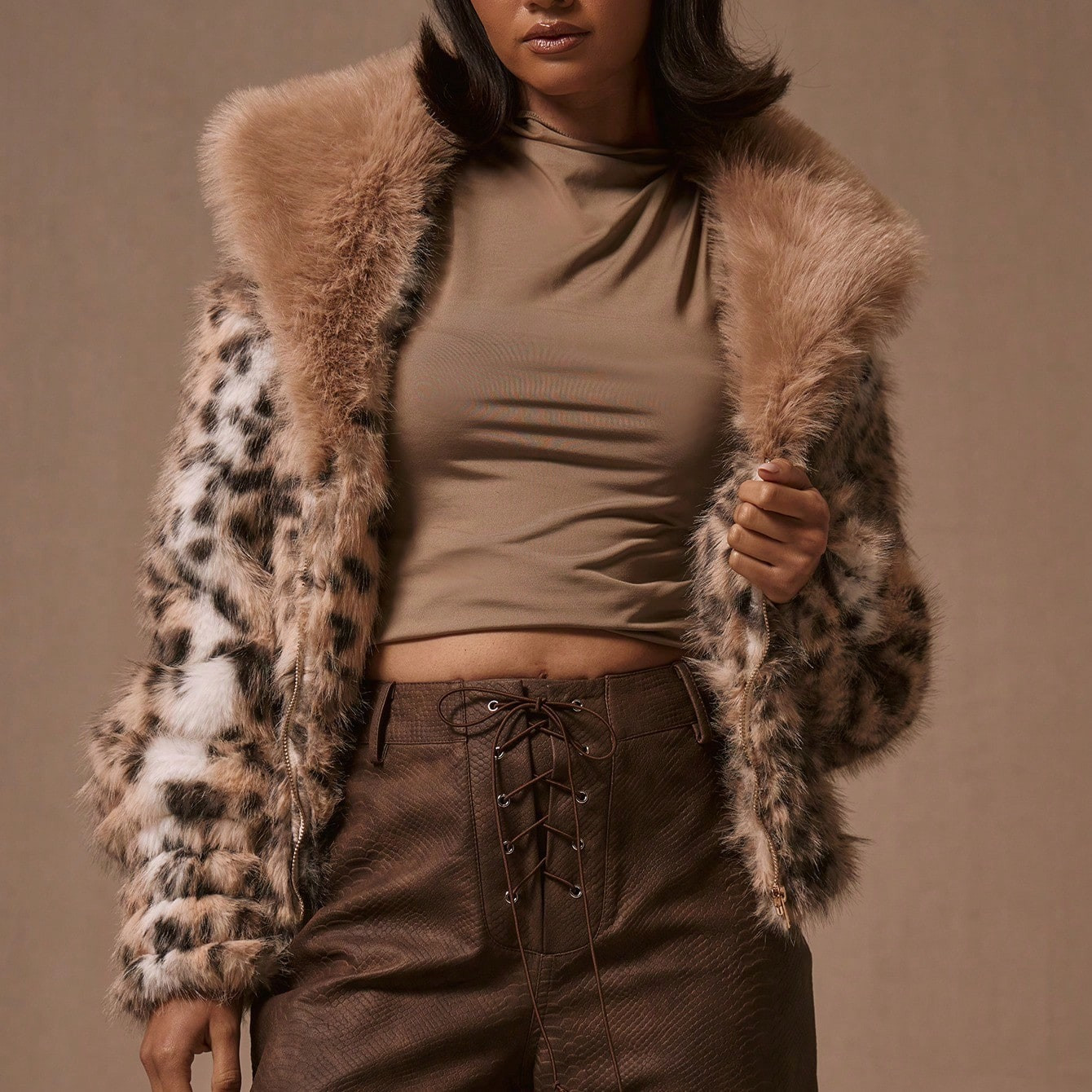 MUSERA Leopard Pattern Contrast Faux Fur Coat Winter Evening | SHEIN