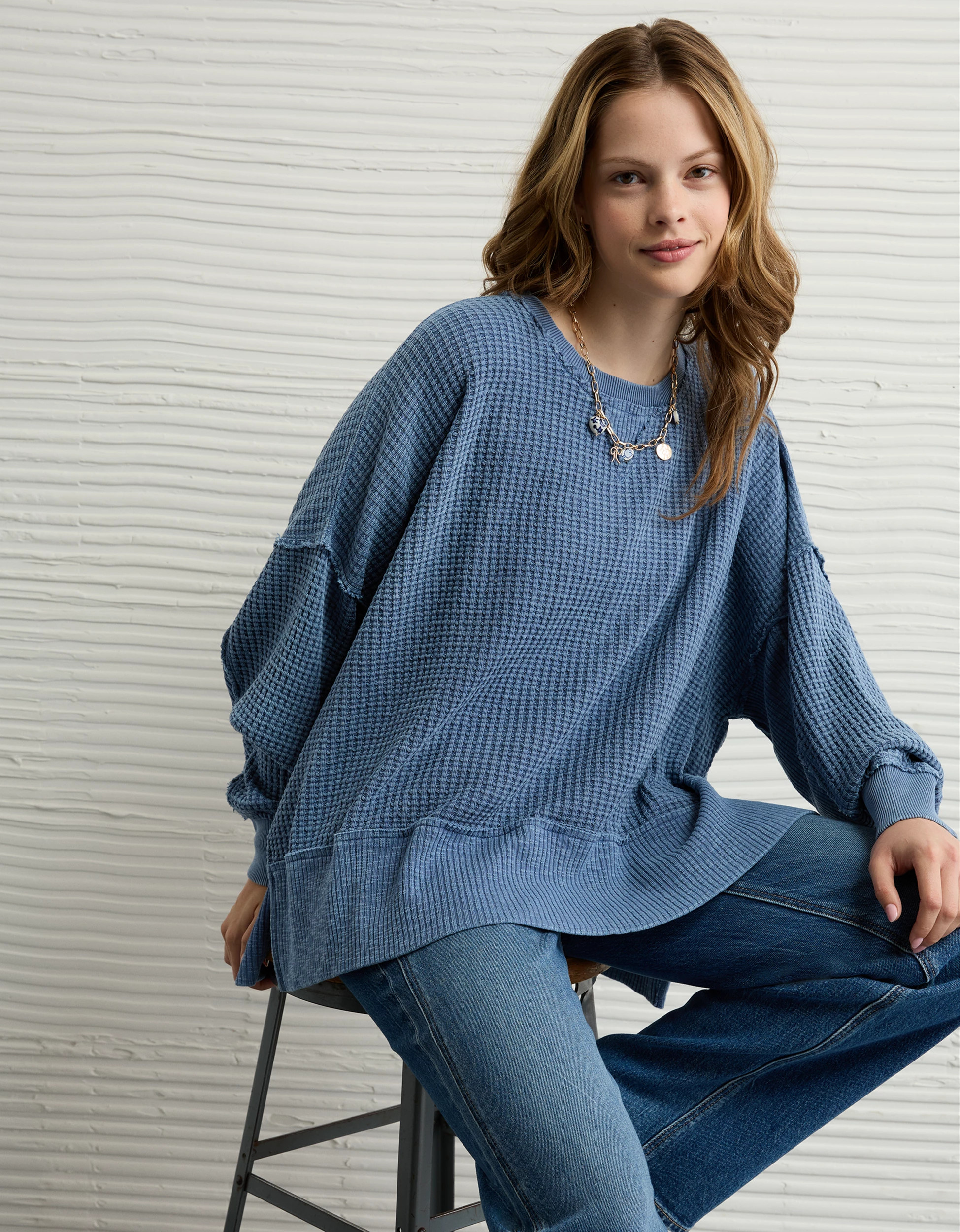 AE Big Hug Crew Neck Waffle Sweatshirt | American Eagle Outfitters (US & CA)