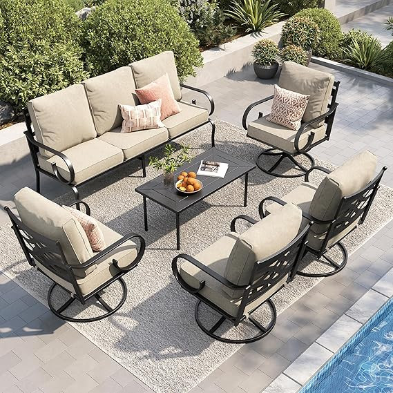 PHI VILLA Patio Furniture Set, 3-Seater Sofa, 4 Swivel Chairs and a Coffee Table, Outdoor Metal C... | Amazon (US)