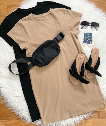 Happy Tuesday!  Sharing these NEW T-Shirt Dresses with you tonight!  They are available in 5 color options and are perfect for heading into spring & summer!  Styled them with these new bow sandals and Lululemon Belt bag 🖤 Everything is linked!  Have a great night! 