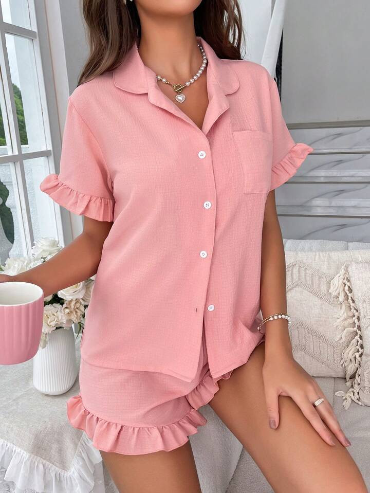 Ruffle Trim Pocket Patched PJ Set / Pajama Set | SHEIN