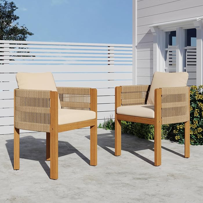 All-Weather Outdoor Dining Chairs 2-Pack, Acacia Wood Patio Chairs with Waterproof Washable Beige... | Amazon (US)