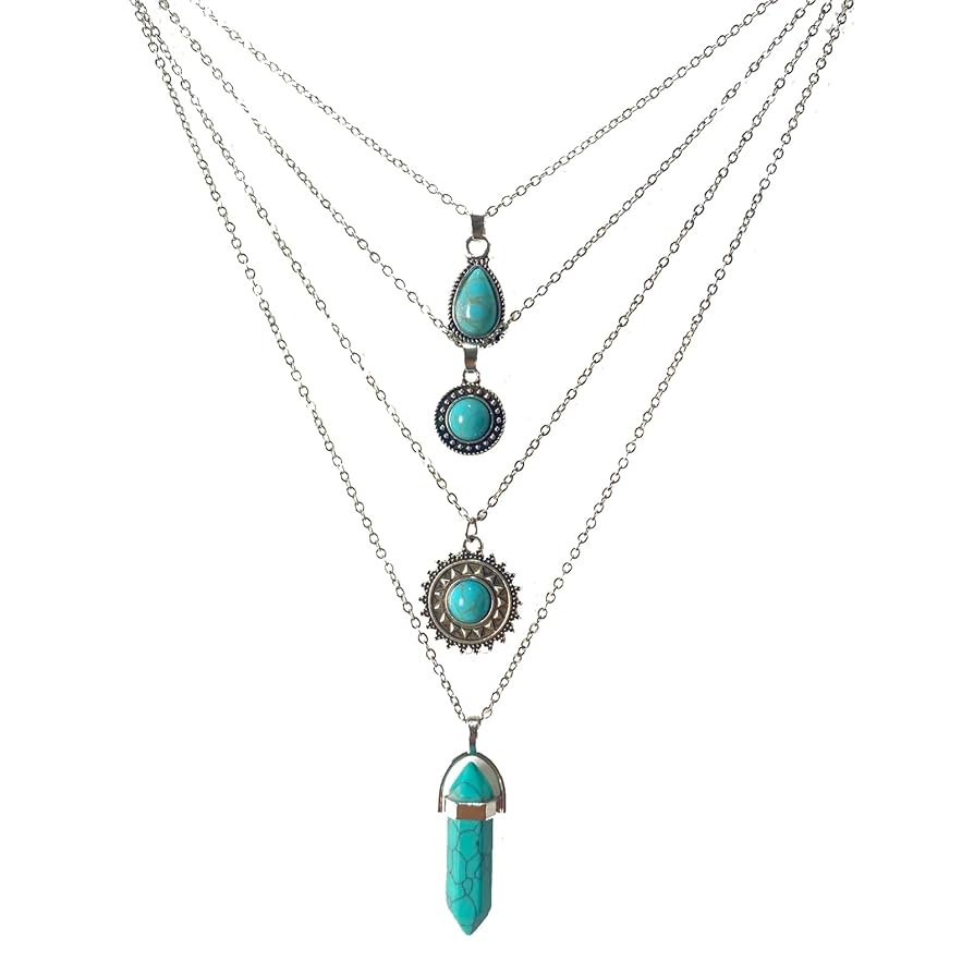 4 PCS Silver Turquoise Layered Necklaces for Women Girls | Amazon (US)