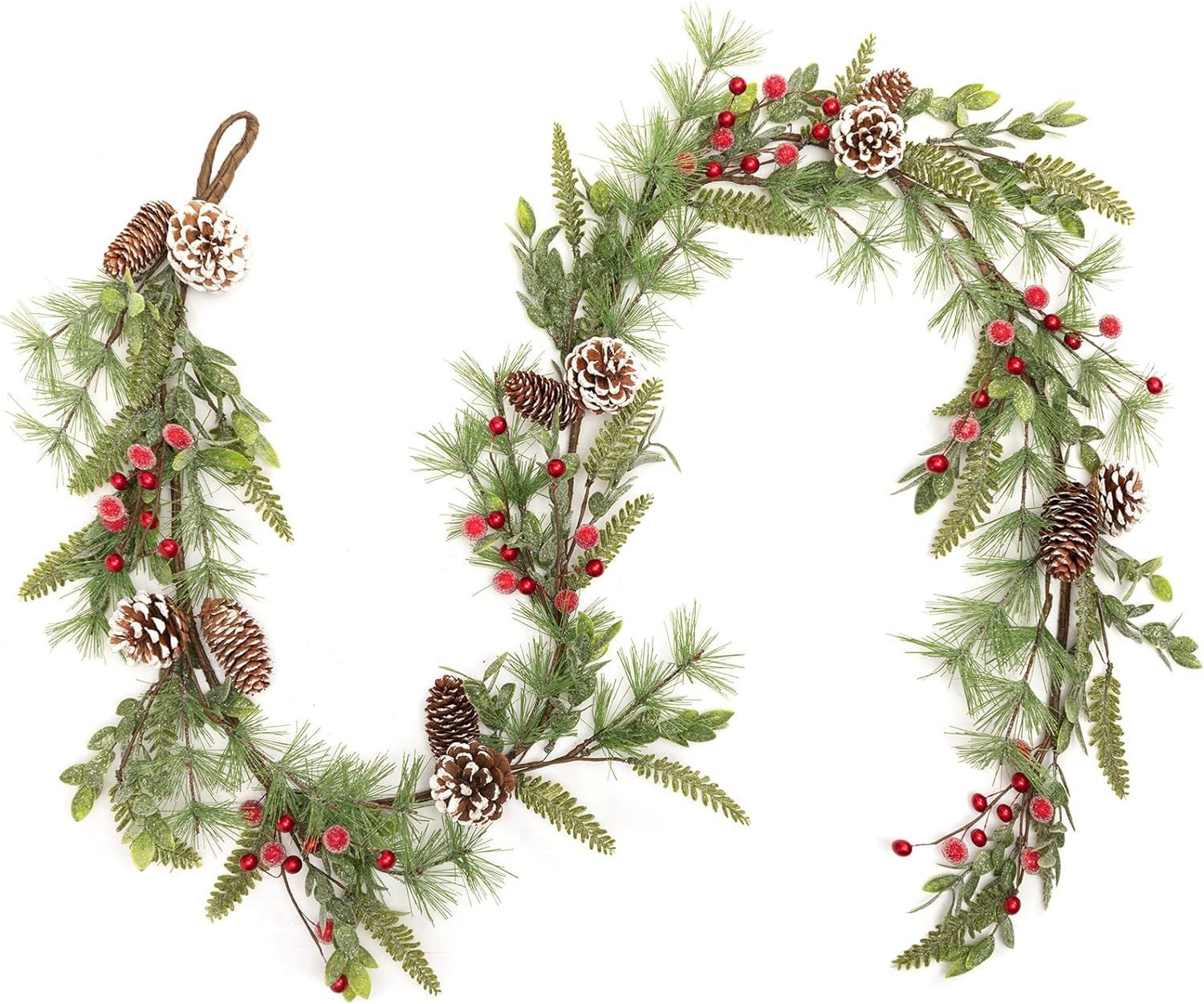 ROMODEN Artificial Christmas Garland, 6 FT Pine Cone Garland Red Berries, Boxwood Snow Flocked Gl... | Amazon (US)