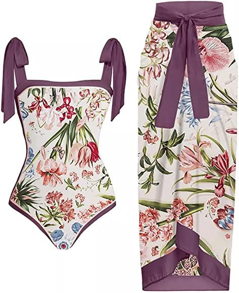 Women Retro Floral One Piece Swimsuit with Beach Cover Ups Long Wrap Skirt 2 Piece Bathing Suit S... | Amazon (US)
