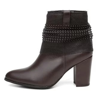 Bota Couro Malha Metal Black Lisa Bico Fino Cano Curto Salto Café | Dafiti (BR)