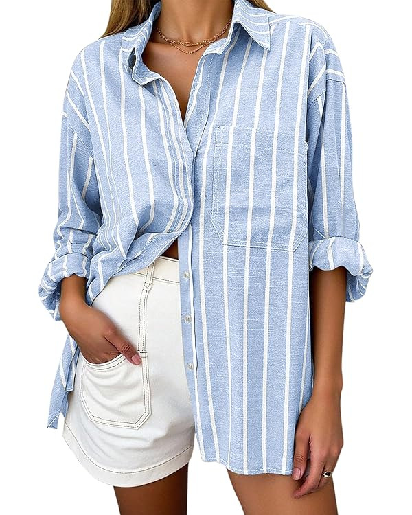 Oversized Button Down Shirts for Women Linen Shirt Long Sleeve Collared Blouses with Pocket Beach... | Amazon (US)