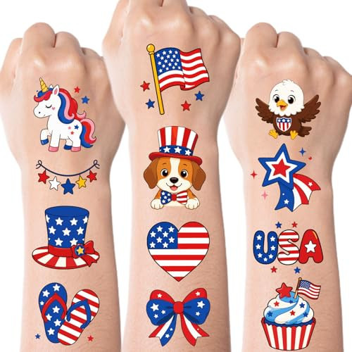JCFIRE 4th of July Temporary Tattoos for Kids Adults, Cute Independence Day Fake Tattoos Stickers, Fourth of July Red White and Blue 4th of July Accessories for Women Girls Party Favors | Amazon (US)