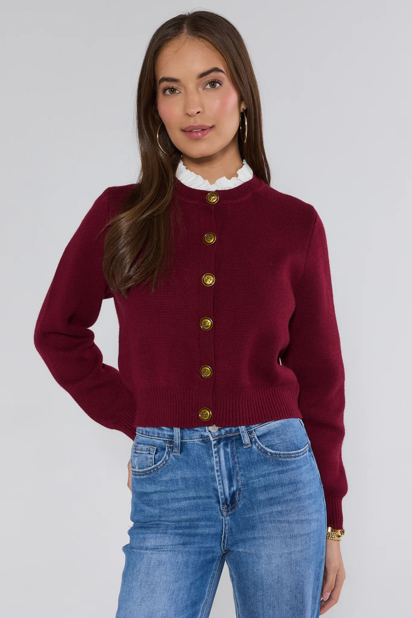 Bridgette Burgundy Ruffle Cardigan | Avara