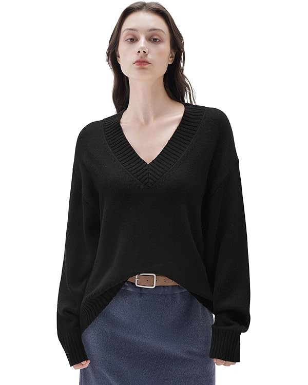 SUUKSESS Women Cashmere Oversized V Neck Pullover Sweaters Long Sleeve Jumpers | Amazon (US)