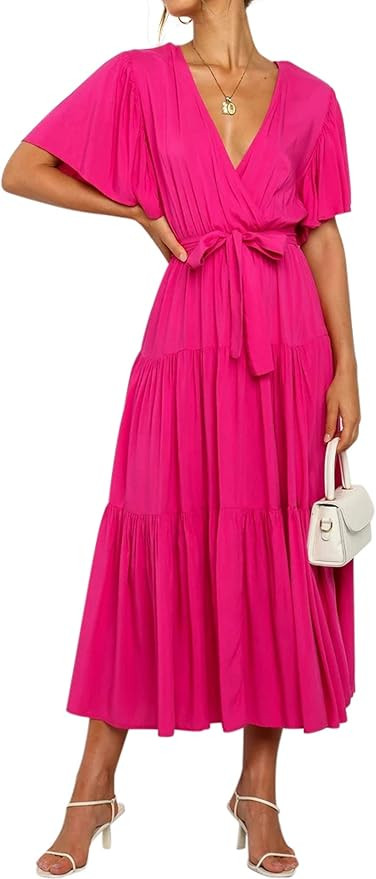 R.Vivimos Summer Dress for Women Cotton Ruffle Short Sleeves V Neck Casual Flowy Midi Dress with ... | Amazon (US)
