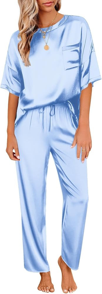 Ekouaer Womens Satin Silky Pajama Set Short Sleeve Shirt with Long Pajama Pant Set Soft PJ Lounge... | Amazon (US)